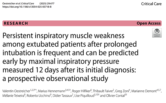 Persistent inspiratory muscle weakness
among extubated patients after prolonged
intubation is frequent and can be predicted
early by maximal inspiratory pressure
measured 12 days after its initial diagnosis:
a prospective observational study